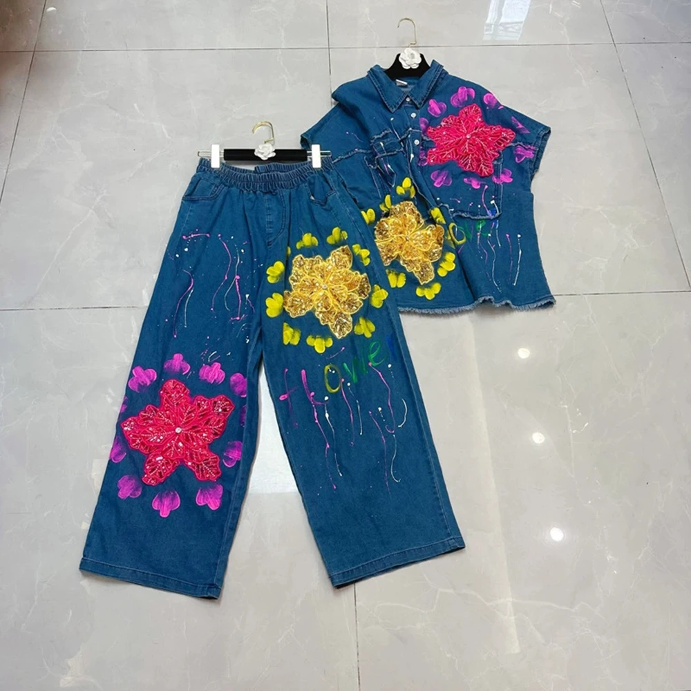 

Niche design heavy flower loose heavy denim jacket + jeans set-GZXX309