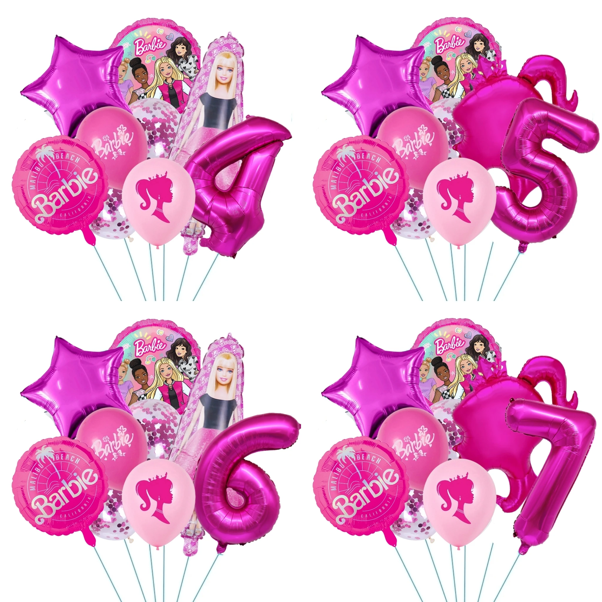 9pcs Pink Barbie Crown Heart Shape Rose Red Sequin Numbers 1-9 Foil Balloons Baby Shower Kids Girls Birthday Party Decoration