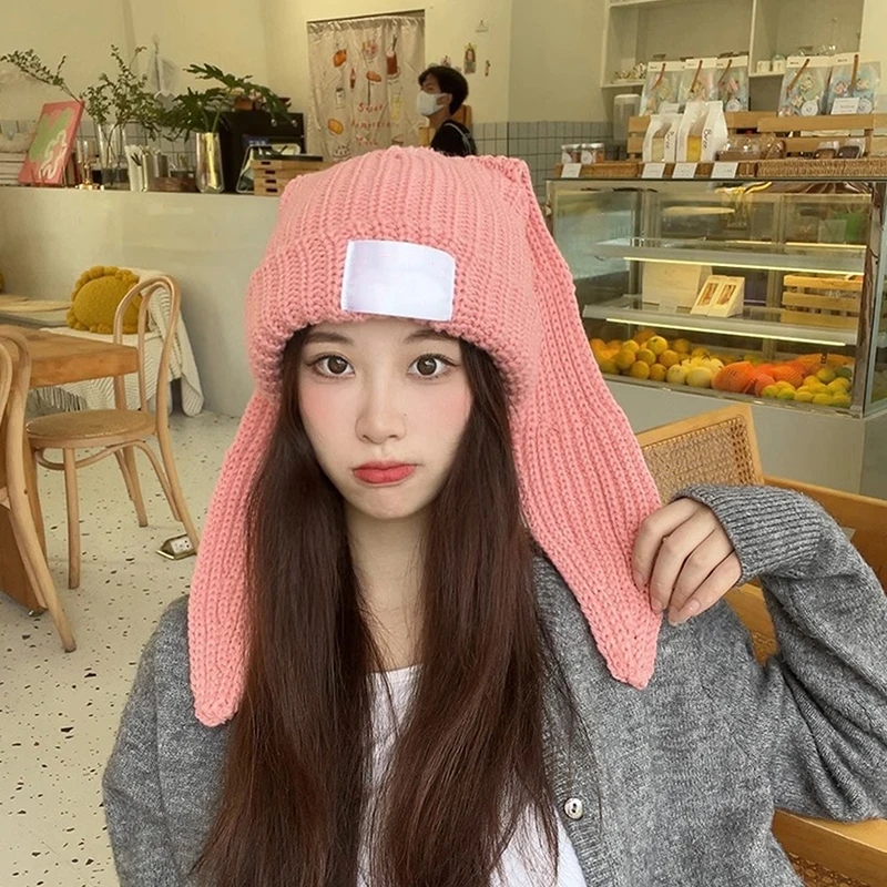 Cute Long Ears Rabbit Knitted Hat Men Women Rabbit Ear Warm Crochet Beanies Kpop Stray Hip Hop Hat Woman Winter Skullies Cap