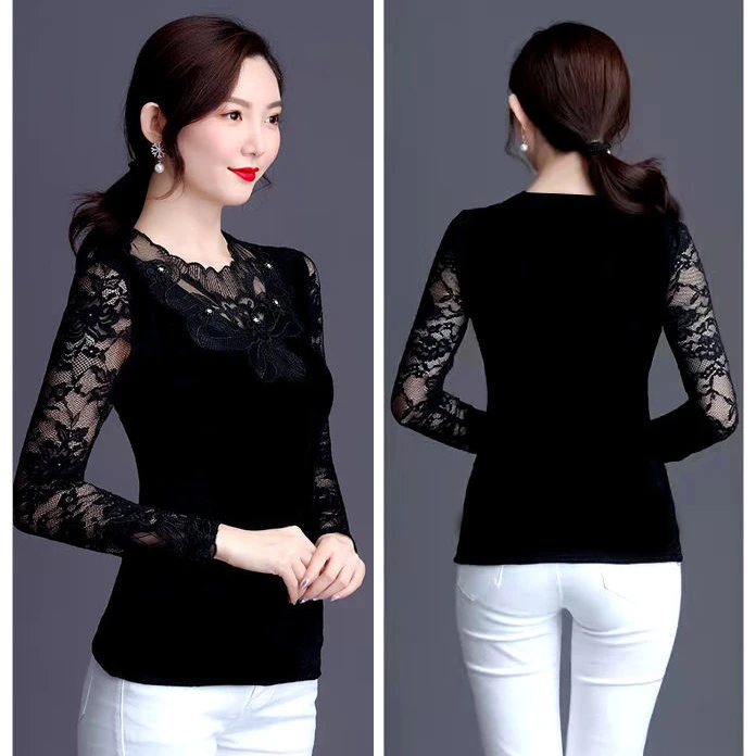 Thin / Thick Black Lace Mesh Pullovers Bottoming Shirt Female Long-sleeved Spring Autumn New Tshirt Blouse M-4XL