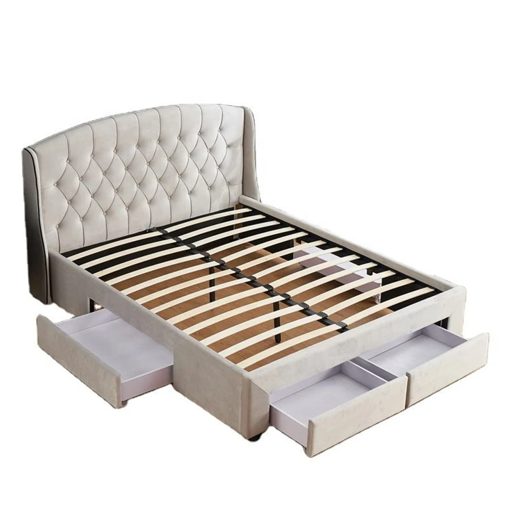 # Modern Tufted Soft Button Upholstered Cheap Double Single Queen King Size Fabric Storage Bed Frame With Storage Drawers
