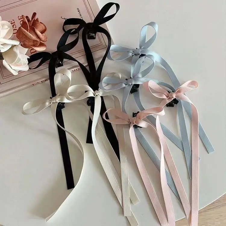 2Pcs Y2K Long Bow Hair Clip Women Girls Ribbon Bow Shark Clip Cute Korean Long Tassel Ribbon Hairpin Girls Hair Accessories