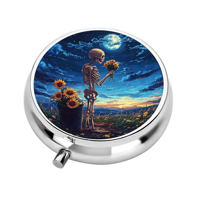 1 box with 3 compartments featuring a skull and sunflower theme, for storage and organization, unique travel storage solution