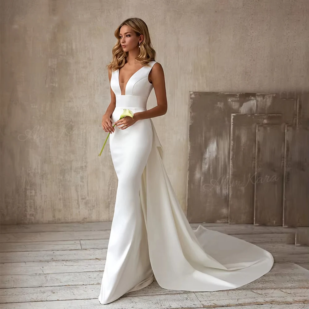 Satynowe suknie ślubne syrenka eleganckie kobiety V Neck Backless suknie ślubne formalne okazje wieczorowe Vestido De Novia