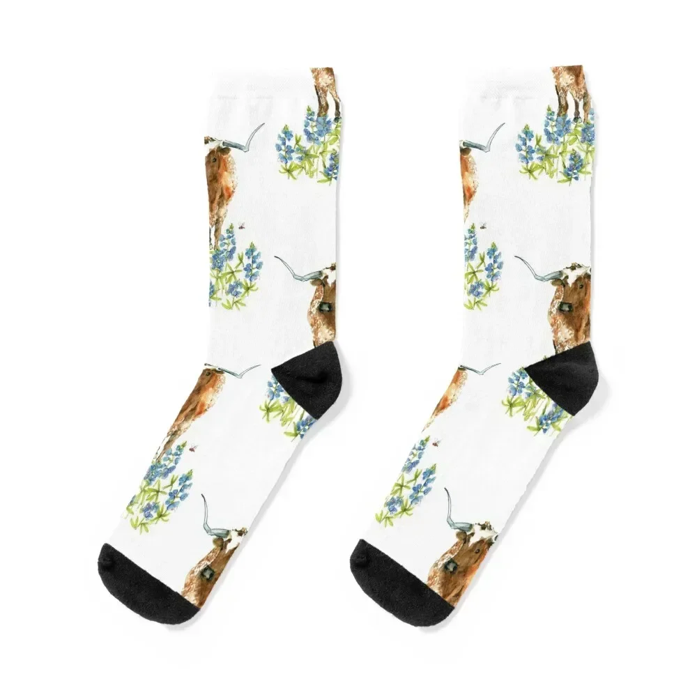 Texas Longhorn in Texas Bluebonnets Socks snow luxury Stockings compression Women Socks Men's