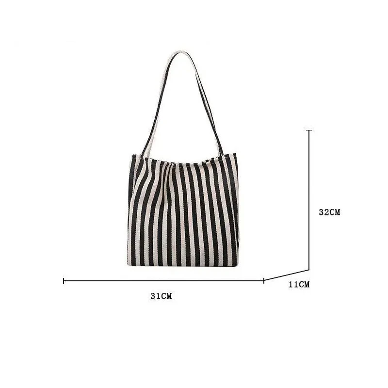 Bolsa de compras feminina de lona de grande capacidade, bolsa de ombro listrada simples para mulheres, bolsa de viagem multifuncional para uso casual