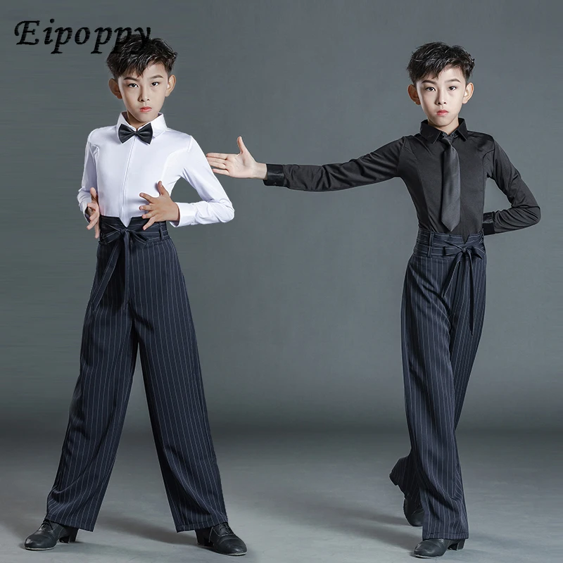 Children's Latin Dance Performance Costumes Boys' Standard Examination White Top Children's Exercise Clothing Blue Striped Pants