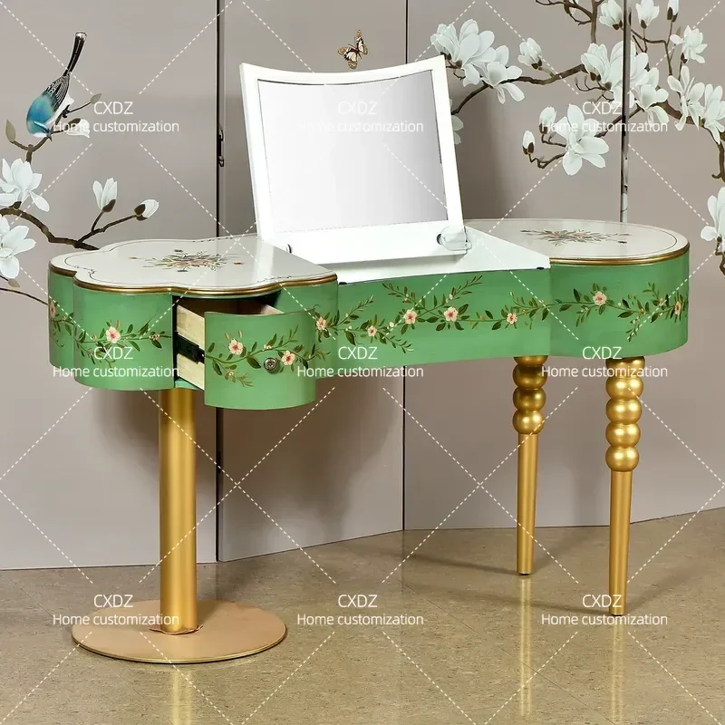 American Retro Hand Painted Flower Bird Green Dresser with Drawers Gold Base Bedroom Makeup Table with Mirror Household