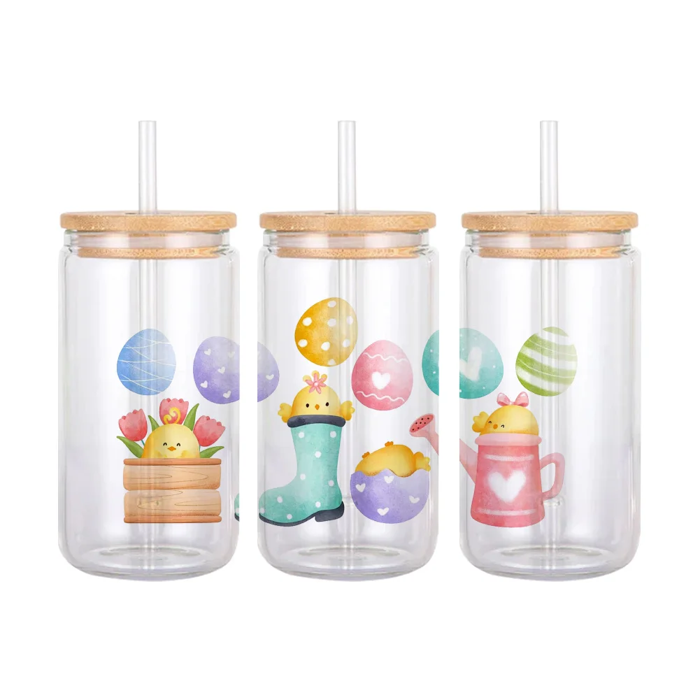 11x24cm Cartoon Easter Day Rabbit Eggs For Libbey 16oz Can Glass 3D Waterproof UV DTF Coffee Can Wrap Libbey Glass Wrap