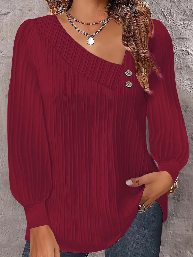 Asymmetric Collar Button Top Women\'s Long Sleeve Textured Shirt Autumn Casual Daily T-Shirt