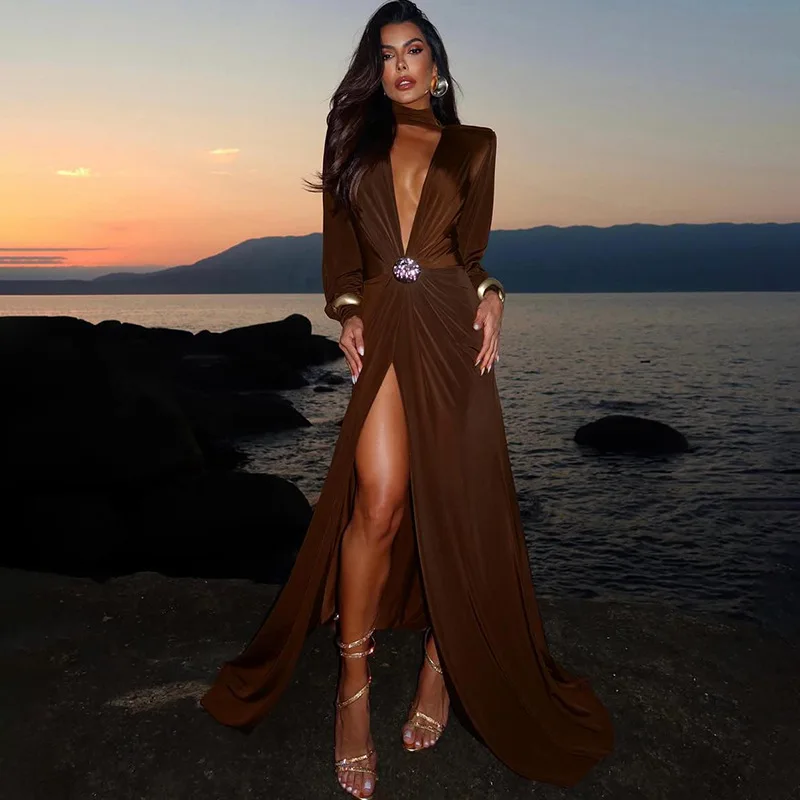 

Brown Autumn Women's Prom Dress Sexy Deep V Neck Full Sleeves Side Split Long Formal Sheath Pageant Robes Party Evening Gown