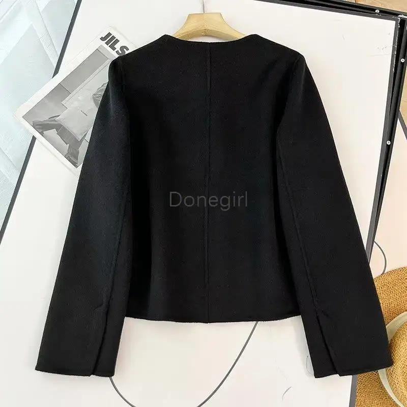 Donegirl 2023 Autumn New Women Solid Versatile Round Neck Single-breasted Woolen Coat Short Jacket Pockets Simple Tops Female