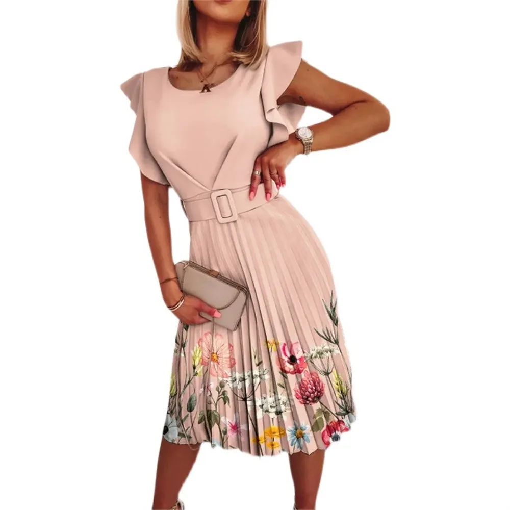 Nuevo vestido de cuello redondo con temperamento a la moda para mujer, vestido informal con estampado Floral y cintura plisada con borde con volantes