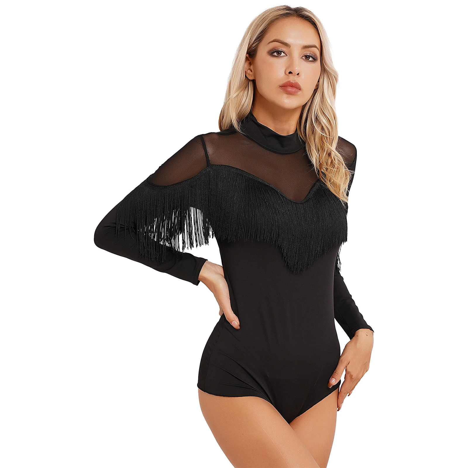 Body da ballo latino con frange da donna Dancewear body con nappe a rete trasparente a maniche lunghe per spettacoli di danza Tango Cha-Cha da sala da ballo