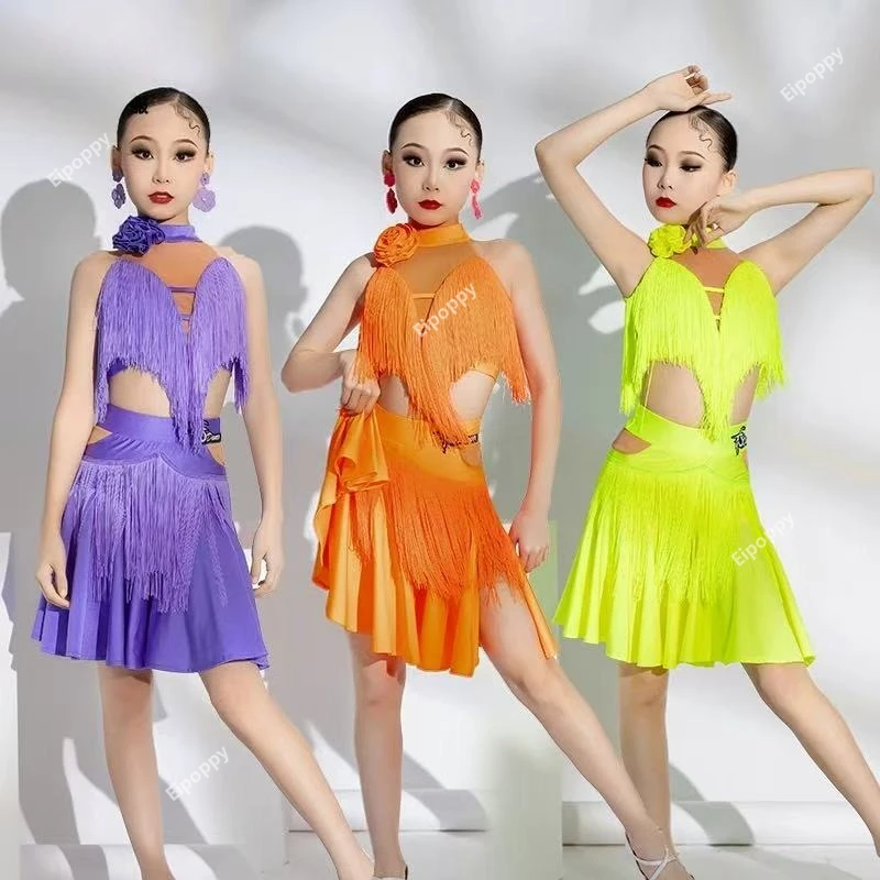 子供ラテンダンスドレス女の子の競技ウエストオフフリンジドレスチャチャサンバダンスパフォーマンスドレス