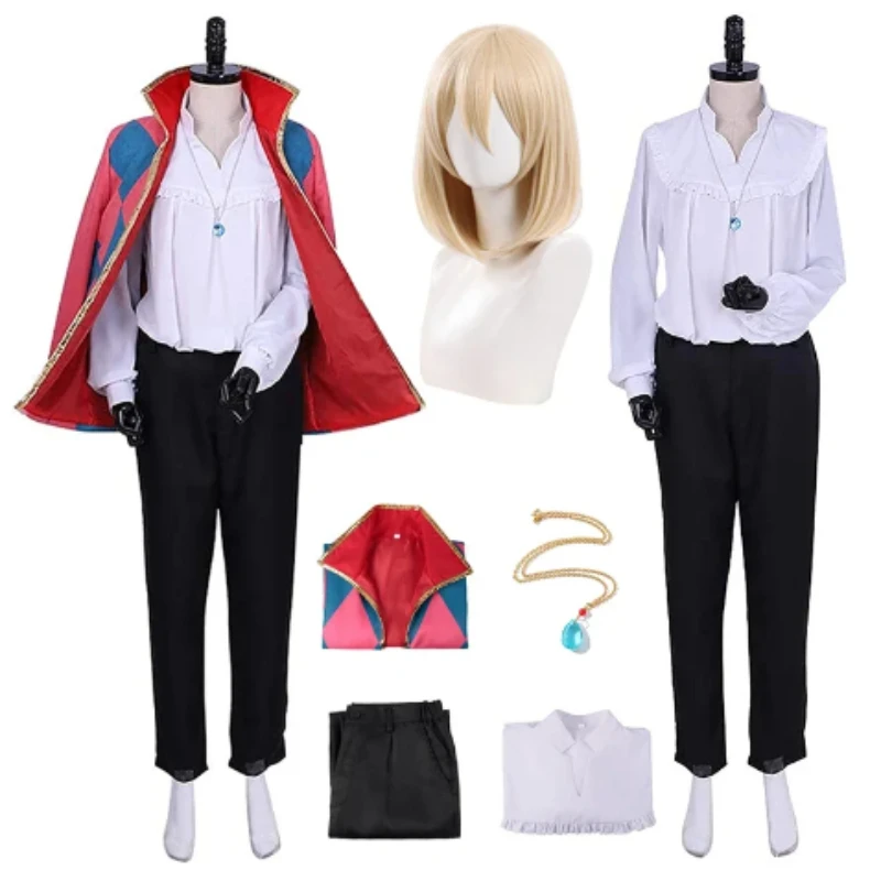 Costume de Cosplay du Château en Mouvement d'Anime Howl avec Perruque, Veste et Collier, pour Halloween, pour Homme et Femme Adulte