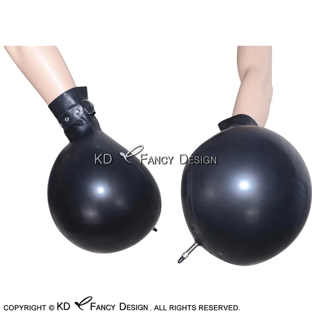 Black Short Sexy Inflatable Latex Gloves with Belts Buckles Rubber Mitts ST-0007