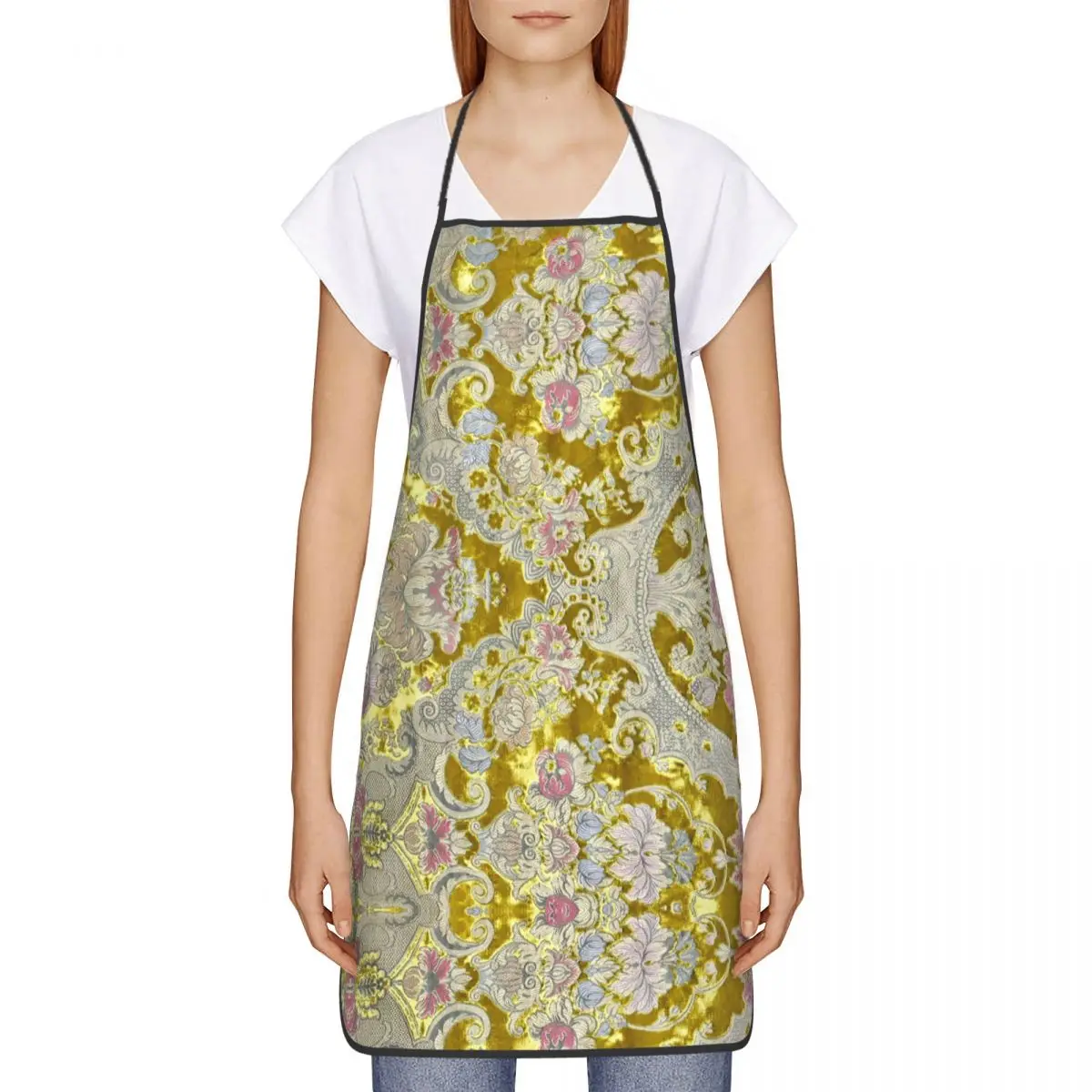 Unisex Italian Damask Floral Pattern Print Apron Kitchen Chef Cooking Baking Bib Men Women Europe Tablier Cuisine for Gardening