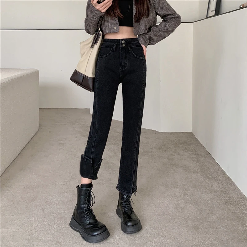 

High Waist Black Denim Jeans Women's Slimming Straight Leg Elastic Slit Pants plus Size Spring Autumn Fashion Casual Trousers