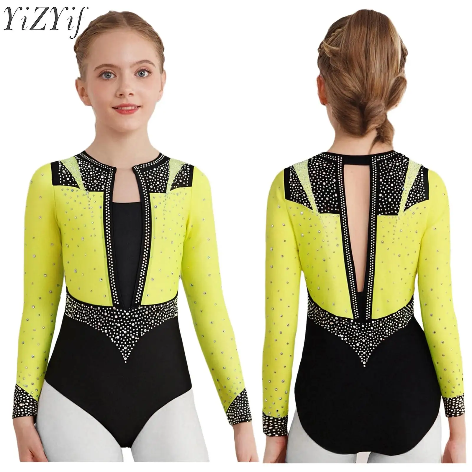 

Kids Girls Ballet Gymnastics Leotard Rhinestones Unitard Long Sleeve Keyhole Back Figure Skating Bodysuit for Stage Performance