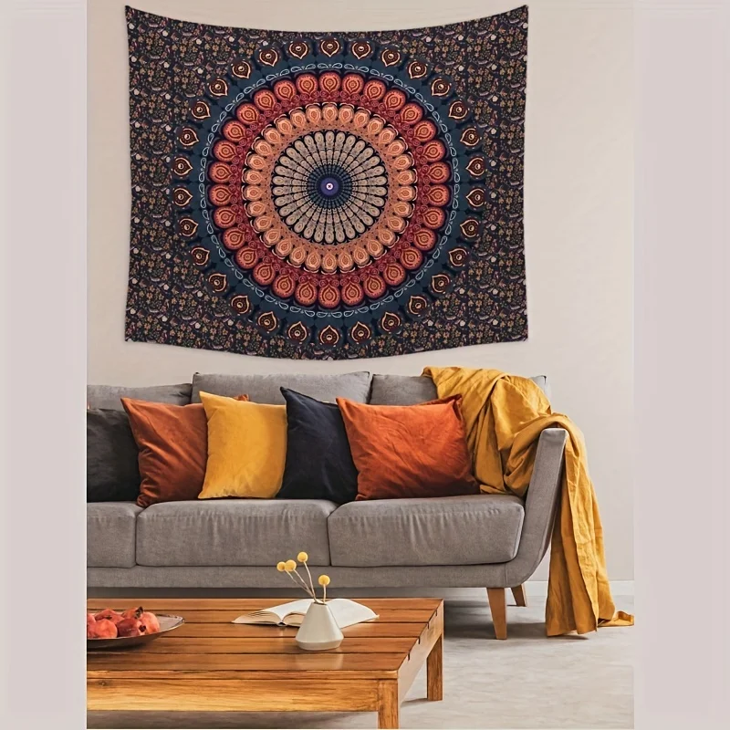 Mandala Tapestry Wall Hanging - Striped Knit Polyester, Fashion Theme Mandala Art, Transverse Orientation, Electricity-Free Deco