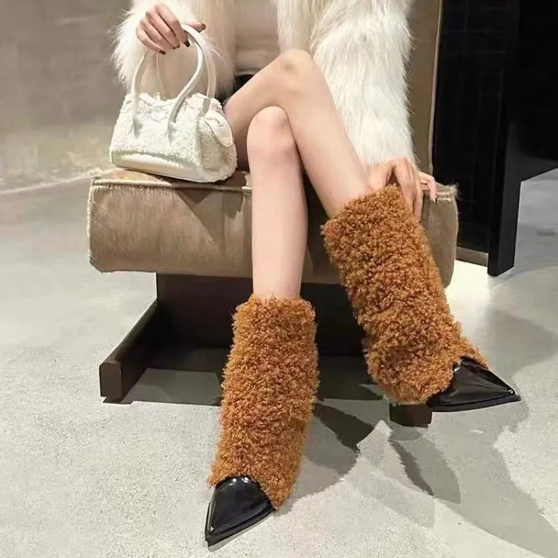 

Luxury Winter Faux Fur Knee High Boots Women Snow Boots Fluffy Faux Mongolian Fur Platform Snow Boots For Women Plus Size 41 42