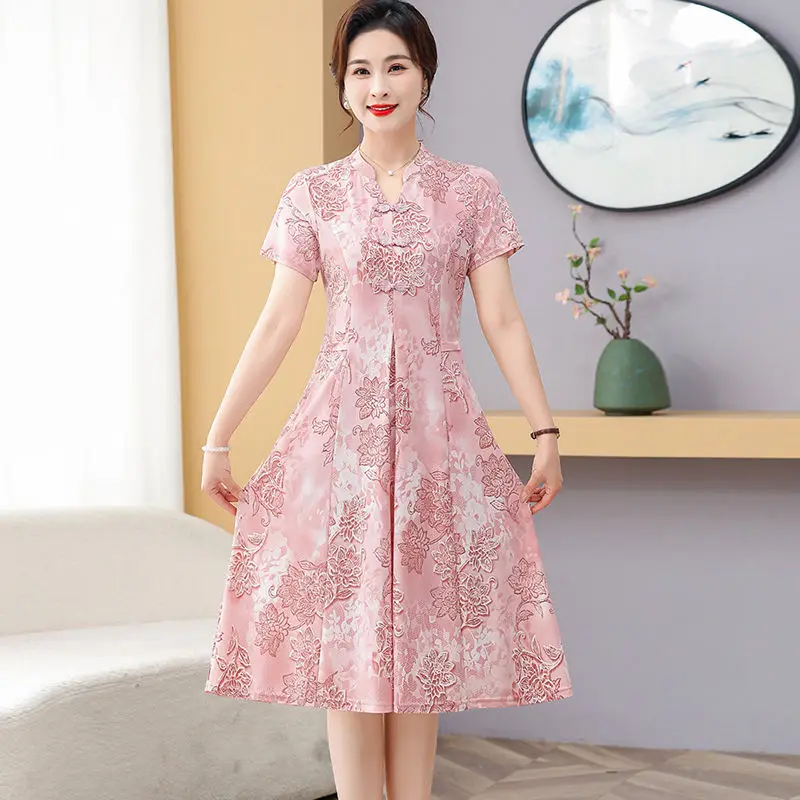 Vestido de manga curta jacquard elegante de verão para moda de meia-idade