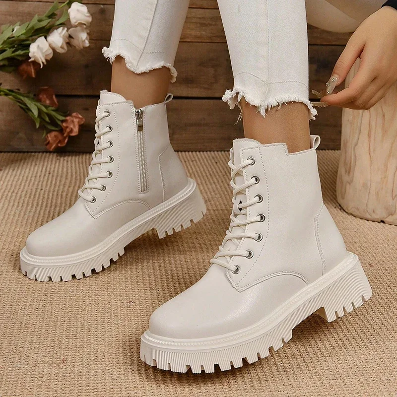 Comemore Autumn Winter Short Plush Ankle Boots Women Plus Size Platform Motorcycle Boots Woman Punk Lace Up Leather Botas Mujer