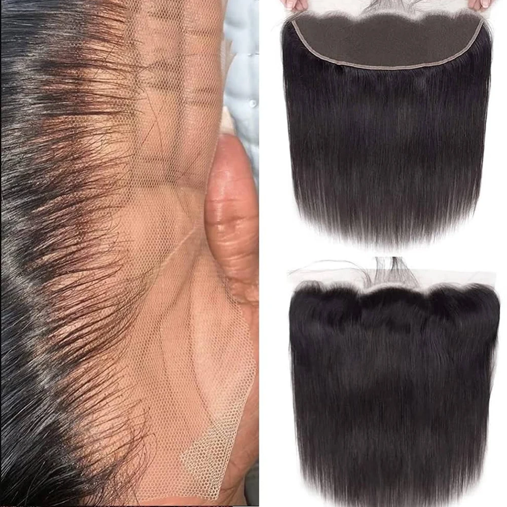 Cabello humano liso de 13x4, accesorio con malla Frontal, medio/libre/tres partes, con rayita Natural, atado a mano 100%