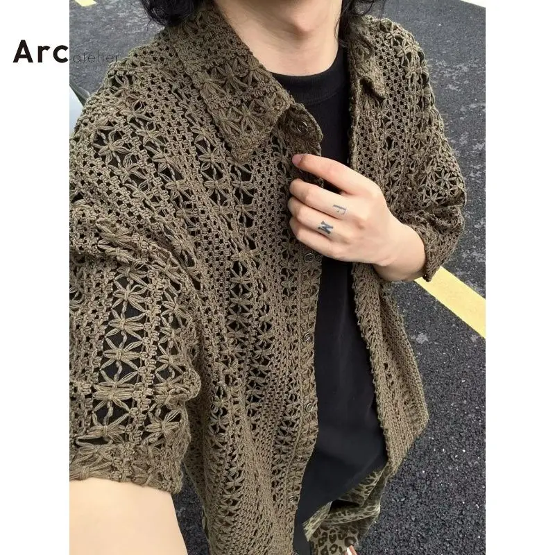 

Retro Vintage Distressed Versatile Military Green Perforated Breathable Short-sleeved Shirt for Individual Outerwear in Summer