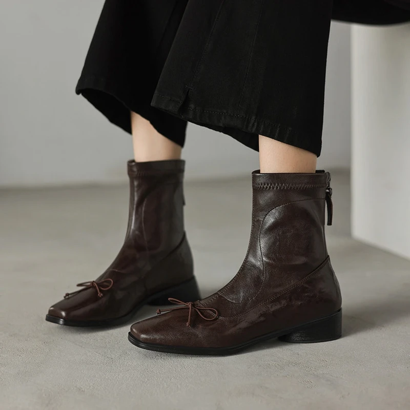 

Women's new leather sheepskin bow square toe and calf mid heel zipper elastic boots slim boots retro fashion short boots