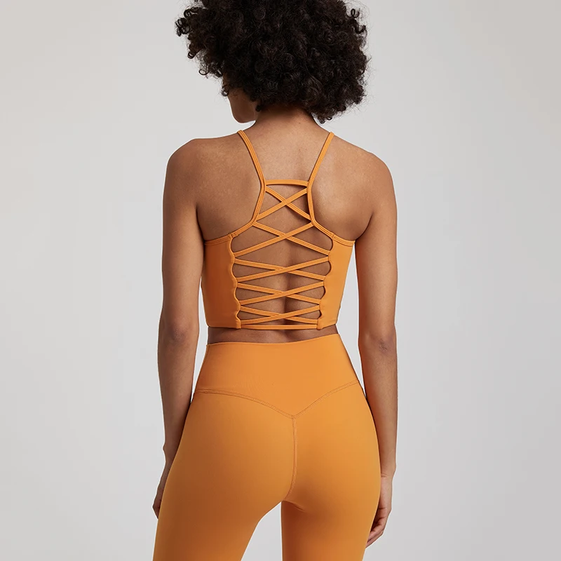 Sexy Backless Crisscross Yoga Tank Top Women High Neck Lace Up Back Sports Bras with Removable Pads Running Workout Crop Tops