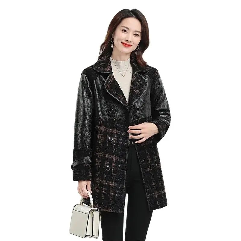 Skin Hair One Body Medium-Long Loose Slim Plus Size Spliced Woolen Windbreaker Autumn And Winter New Velvet Leather Women Coat