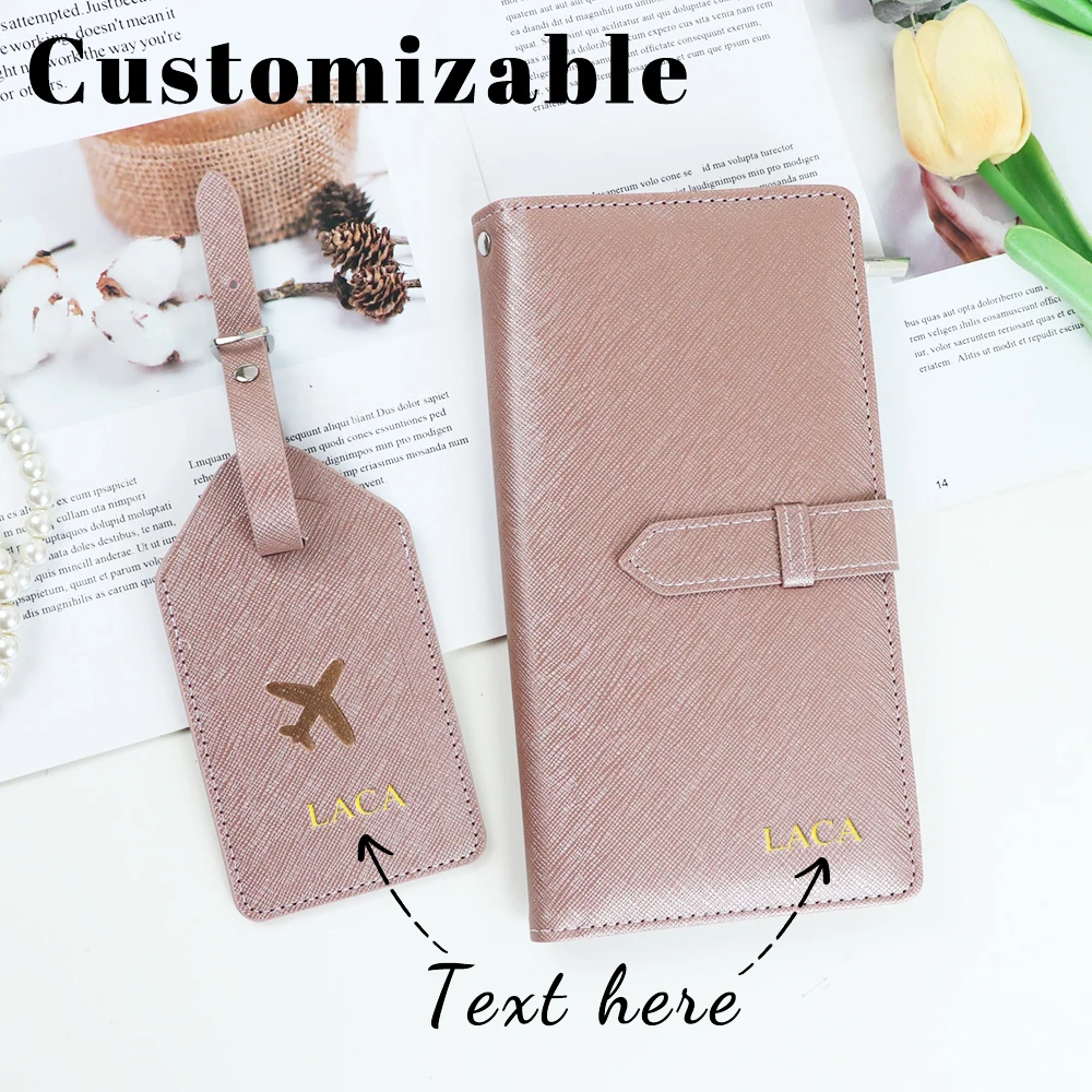 

Customized name PU leather high-end travel passport book document storage bag wallet long style passport case with luggage tag