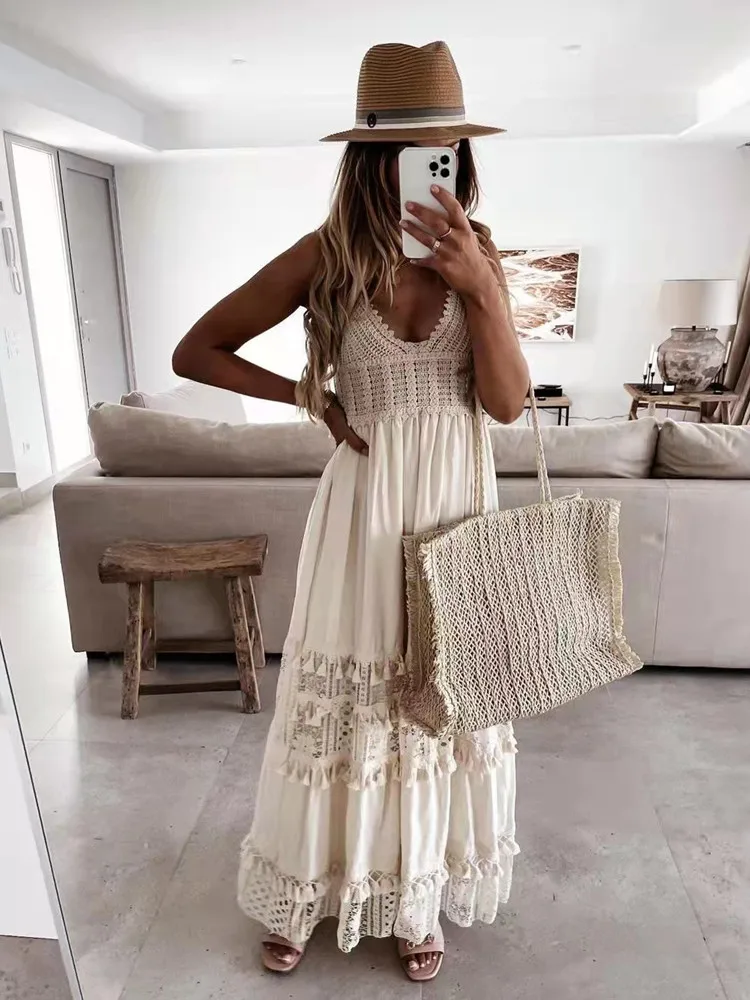 

SKMY Summer Outfits For Women 2024 Fashion Party Dresses Casual Lace Patchwork Sleeveless Spaghetti Strap V-Neck Long Dresses