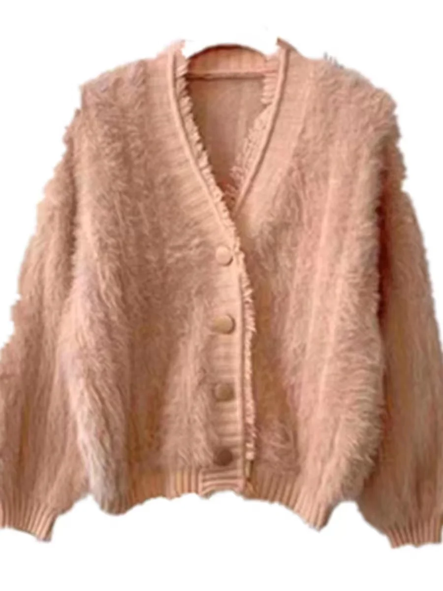 女性用フェイクミンクファーセーター,Vネックカーディガン,タッセル,ルーズフィット,キュート,トレンディ,秋冬