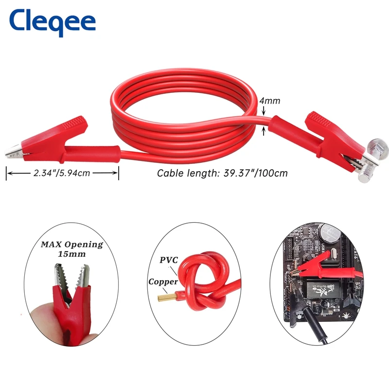 Cleqee 2PCS Dual Alligator Clip to  Crocodile Clamp Multimeter Test Leads 1m/2m/3m Cables Line Red/Black Jumper Wire