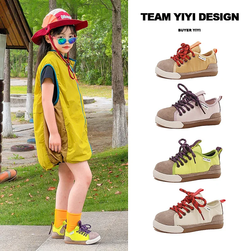 Kids Lace Up Shoes Girls Boys Color Splicing Suede Sneakers 2026 Autumn Children Walk Non-slip Casual Shoes Fashion 26-37