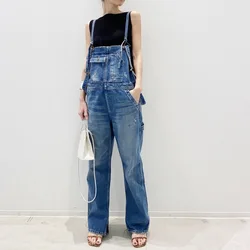 Overalls Vintage Spliced Washed Jeans Women Ankle Length Denim Straight Cargo Pants Jean Pockets Solid Basics 2024 Loose