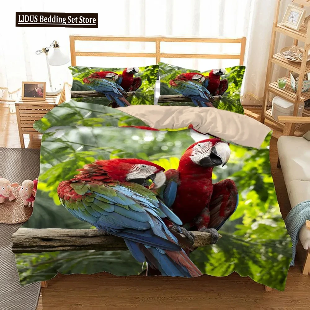 

Macaw Bedding Set King/Queen Size Colourful Parrot Duvet Cover Boys Natural Tropical Green Plant Bird Polyester Quilt Cover