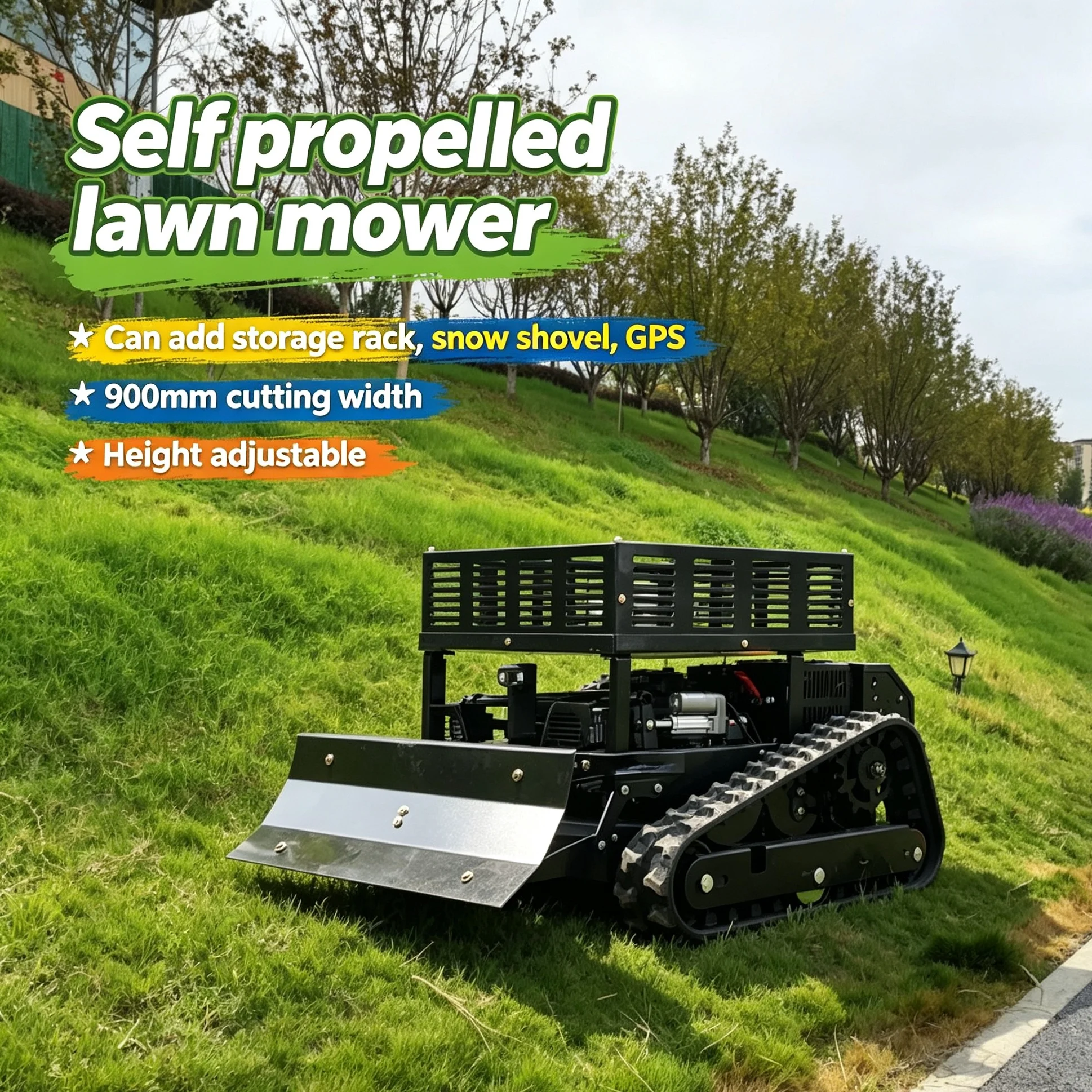 Customized self-propelled remote lawn mower with CE certificate, crawler structure matches warning light and 550mm adjustable