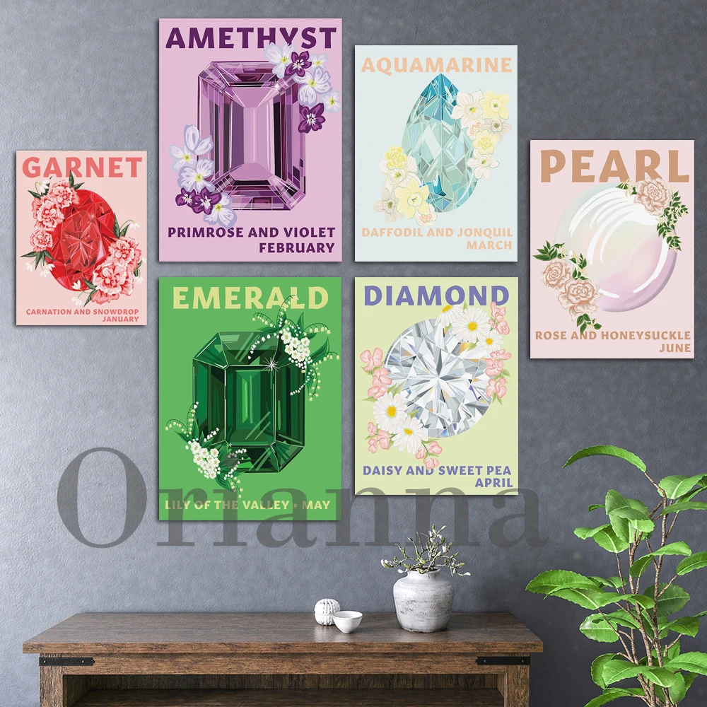 

Garnet January Amethyst February Aquamarine March Diamond April Emerald May Pearl June Birthstone And Birth Flower Prints Poster