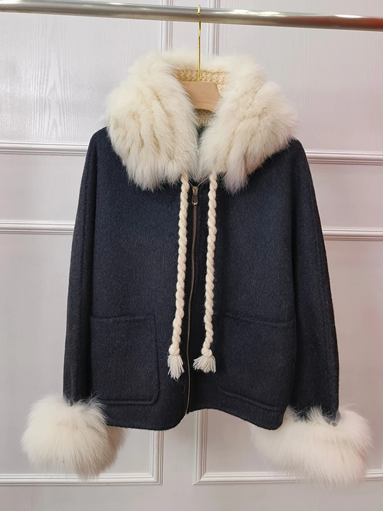 Autumn Winter Real Fur Coat Women Natural Fox Fur Hooded Jacket Short Cashmere Wool Woolen Ladies Outerwear Female Coat