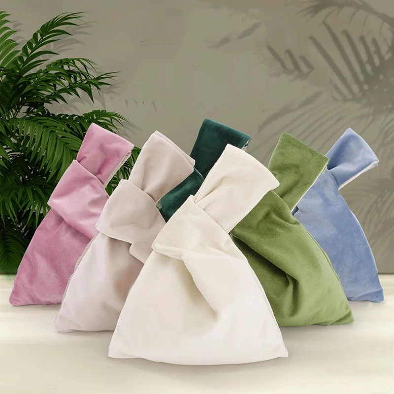 

Women Knot Wrist Bag Handmade Casual Knit Handbag Soft Velvet Tote Bag Student Reusable Shopping Bags Woman Cosmetics Bag