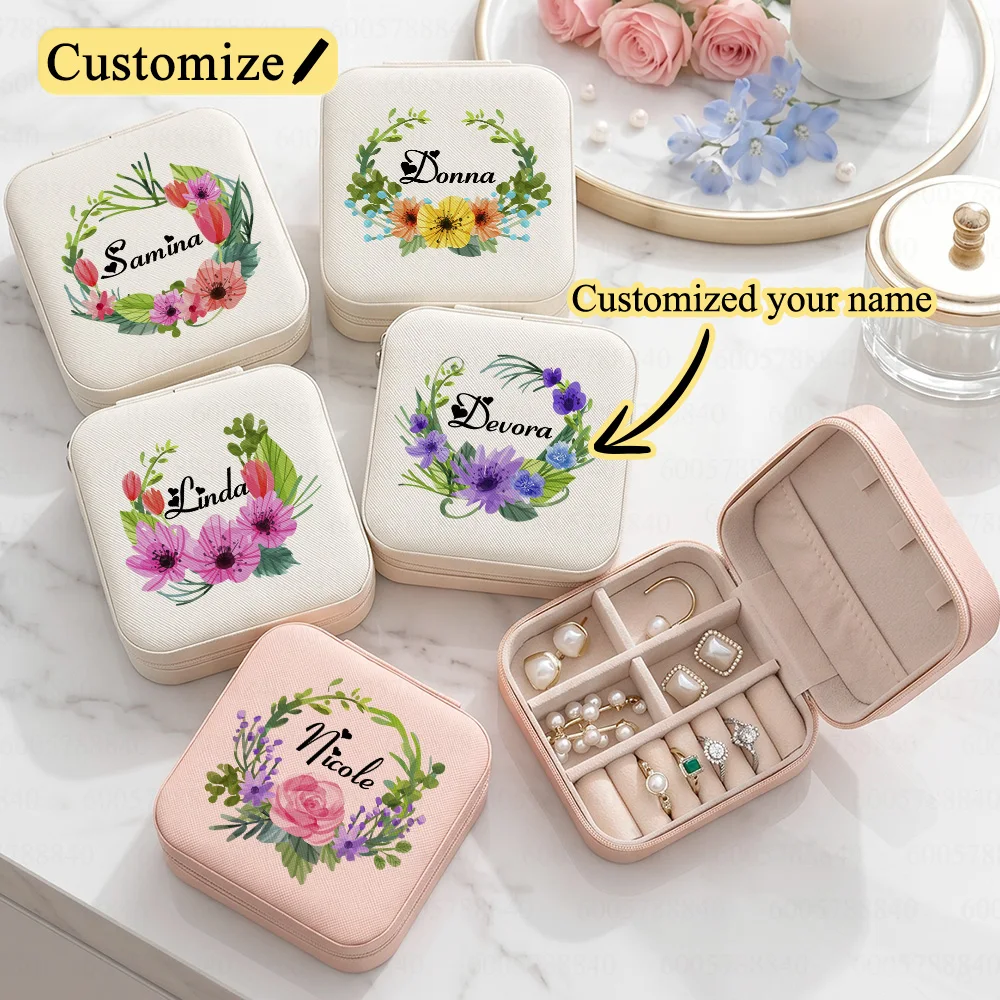 Personalized Name Wreath Jewellery Storage,Travel Jewelry Box For Women To Store Everyday Essentials.Custom Pink Jewellery Boxes