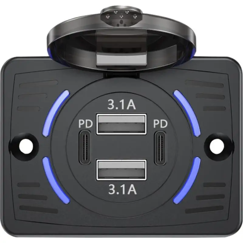 4in1 Car Charger With Lid QC3.0+PD USB Ports 12V-24V Car Charger Socket Quick Charge Outlet Panel Adapter for Truck Camper RV