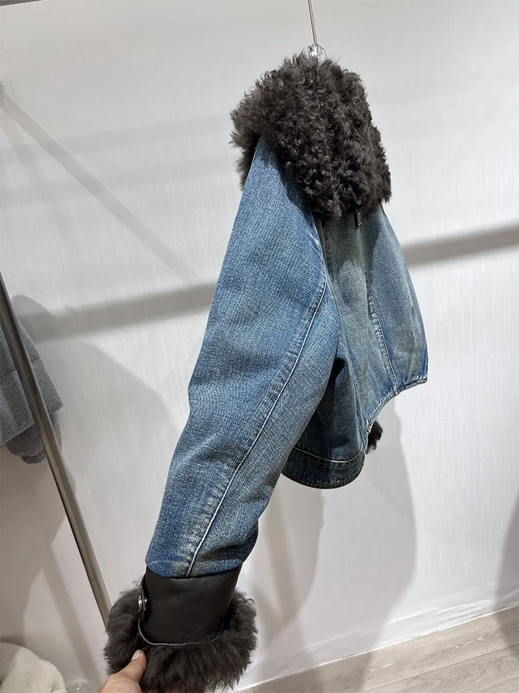 秋冬新作 レディース ホワイトグースダウンコート 天然本革ラムシープファー襟 アウター 高級女性用デニム パフジャケット