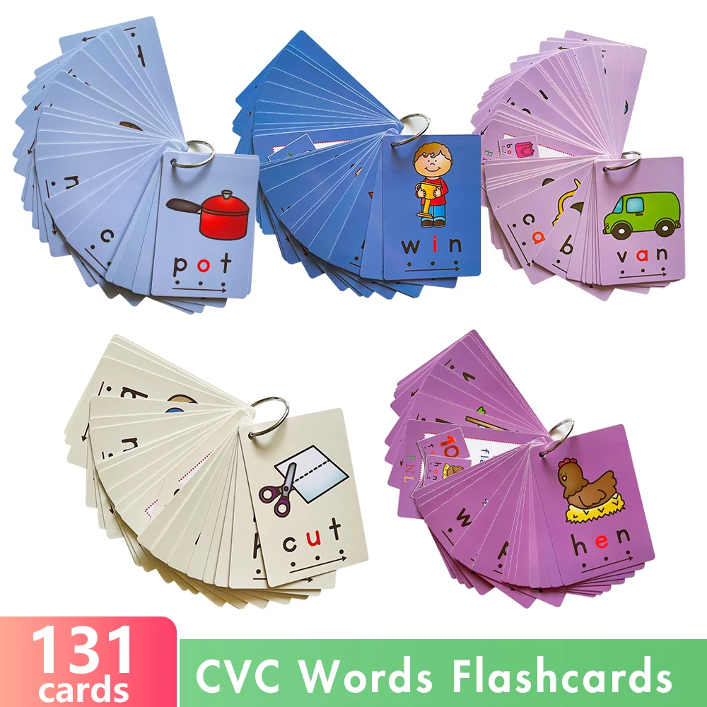 

131pcs Phonics CVC Words Flashcards baby kid learning English language cards early educationgnal toy for girls boys Age 2-5years