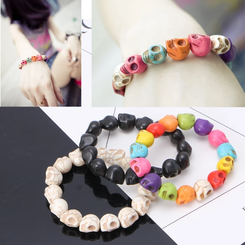 Vintage Skull Beads Skeleton Bracelets Mala Bangle Skull Bracelet Elastic Howlite Stone Charm Day of the Dead Skeleton Y08E