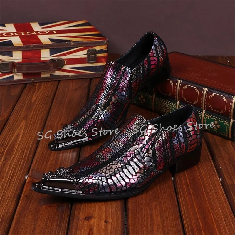 

Metal Pointed Toe Chunky Heel Shallow Oxfords Male Bling Bling Party Dress Shoes Luxury Handmade Leather Loafers for Men
